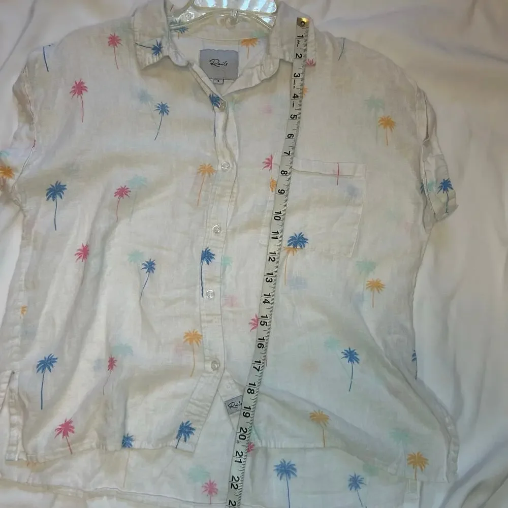 Rails Linen blend short sleeve top White with neon  palm tree pattern. Women S